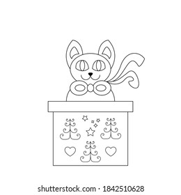 Cat coming out of a gift box. Funny. Christmas theme. Coloring page. Vector illustration.