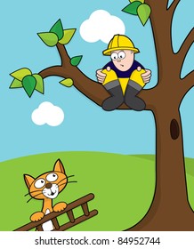 Cat Coming To Rescue A Fireman Stuck Up A Tree With Ladder