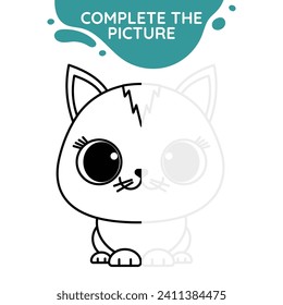 cat complete the picture symmetry drawing activity cute outline illustration suitable for coloring books page for children black and white educational preschool activity sheet vector isolated