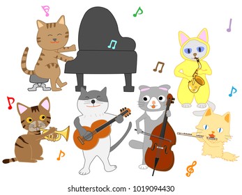 Cat concert illustration. Cats playing musical instruments.
