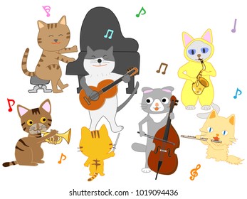 Cat concert illustration. Cats playing musical instruments.
