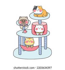 Cat condo cartoon hand drawn.Animal character design.Pet toy.Meow home.Isolated.Kawaii.Vector.Illustration.