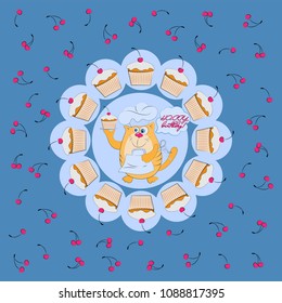 Cat is a confectioner with cupcakes and cherries. Happy Birthday! Poster, greeting card.  Design for menus, book for recipes, packaging materials, textiles.