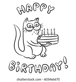 Cat Congratulates Happy Birthday and Present a cake. Vector illustration