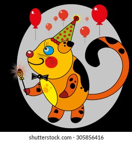 Cat the conjurer in a holiday a cap and with balloons. Vector.