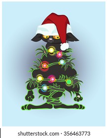 The cat is connected by a fir-tree garland that didn climb on a fir-tree.vector