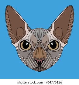 Cat, consisting of geometric shapes and lines. Sphinx on a pale blue background. Decorative stylization.