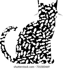 Cat consists of fish. Fun black and white art. Fish in cat
