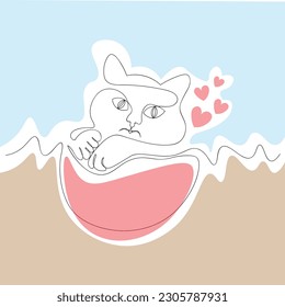 Cat continuous line art. Blue pink colored shapes. Single line kitten drawing sitting in basket. vector illustration