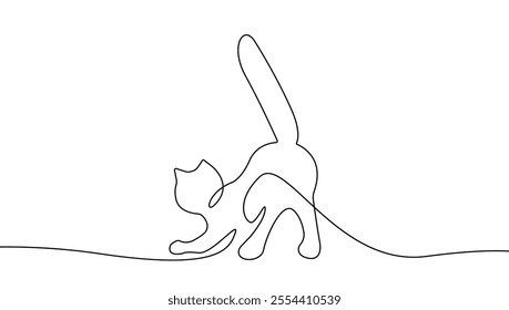 Cat Continuous Line Drawing Black Sketch Isolated on White Background Vector Illustration. Cute Cat Line Art Drawing in One Continuous Line Style, Template for Your Design Works. Not AI