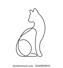Cat Continuous Line Drawing Black Sketch Isolated on White Background Vector Illustration. Cute Cat Line Art Drawing in One Continuous Line Style, Template for Your Design Works. Not AI