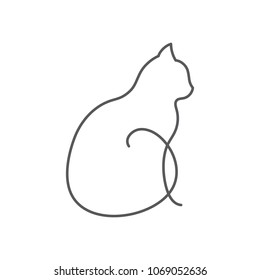 Cat continuous line drawing - cute pet sits with twisted tail side view isolated on white background. Editable stroke vector illustration of domestic animal in one line for logo or decorative element.
