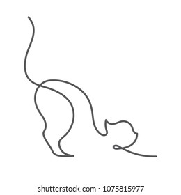 Cat continuous line drawing - cute pet stretching himself with his tail holds high side view isolated on white background. Editable stroke vector illustration of domestic animal for logo or decoration