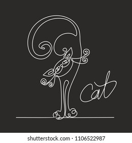 Cat. Continuous line drawing. Funny kitten. Lettering.  Black background.  The effect of the chalk Board. Vector