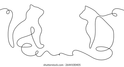 Cat continuous line sketch pet outline drawing vector one animal draw. Line cat two happy 2 couple doodle kitten white black background cute illustration friendship clipart silhouette contour back art