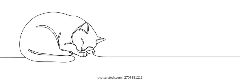 Dibujo continuo de una línea Cat. Kitty durmiendo dulcemente en estilo lineal simple.
