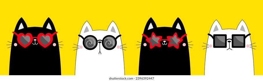 Katzenkontur mit Sonnenbrille. Runde, sternförmige, herzquadratische Sonnenbrille. Schwarze rote Linsen. Cute Cartoon kawaii lustigen Charakter. Kätzchen in Brille. gelber Hintergrund - floraler Vektorgrafik