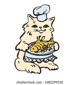 Cat cook in a chef's hat and apron, holds a dish with fish. Vector illustration in cartoon style. Isolated on a white background.