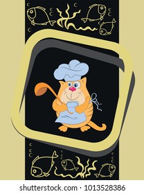 Cat cook and fish. Emblem, banner, poster. Design for the menu, grocery store, printing on fabric or paper.