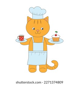 Gato cocinero. El gato sostiene una taza y una torta.