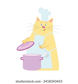 Cat - cook and a metal pot for soup on a white background
