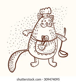 cat the cook outline vector illustration
