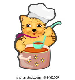 The cat cooks soup.  Vector Collection funny cats. Set of characters. Emotion for chat, avatars, prints. Icon set. Cats modern flat style collection.
