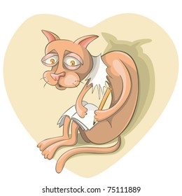 The cat with a copy-book and a pencil.  Sad cat.