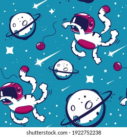 Cat cosmonaut in space vector cartoon seamless pattern. Background for wallpaper, wrapping, packing, and backdrop.