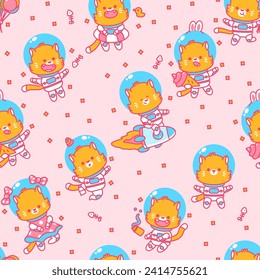 Cat cosmonaut in space vector cartoon seamless pattern background for wallpaper, wrapping, packing, and backdrop.