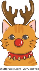 The cat cosplays as Rudolf on a white background in cartoon style.