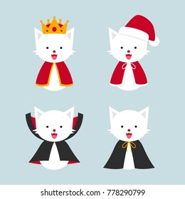 cat in costumes, king, santa cat, dracula cat, hero, kitten characters flat vector illustraion, set of kitten, white cat cartoon