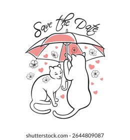 Casal de gato abraçado sob um guarda-chuva vermelho com flores de corações cor-de-rosa ao redor. Um vetor colorido para o Dia dos Namorados ou designs com tema de amor, salve a data