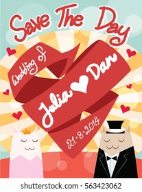 cat couple Heart with red ribbon wedding invitation card