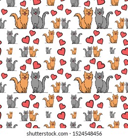 Cat couple in hearts, seamless pattern. Colorful outline on white background. Picture can be used in greeting cards, posters, flyers, banners, logo, further design etc. Vector illustration. EPS10