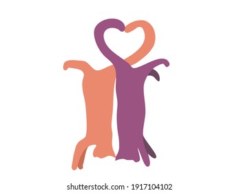 Cat couple making in love forming a hearts shape using their tails. Vector.