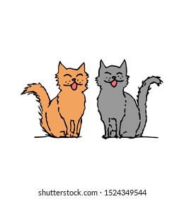 Cat couple smiling, singing and sitting. Colorful outline on white background. Picture can be used in greeting cards, posters, flyers, banners, logo, further design etc. Vector illustration. EPS10