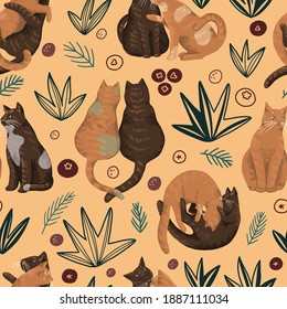 Cat couples in love flat hand drawn vector seamless pattern. Colorful wallpaper in cartoon style. Abstract romantic animal background. Design for print, valentines, wrap, textile, fabric, decor, card.