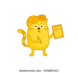 Cat courier delivery service contract. Pet mascot character. Vector illustration. Ginger cat.