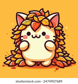 Cat covered in a pile of autumn leaves