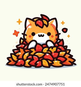 Cat covered in a pile of autumn leaves