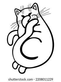Cat covering muzzle with paws and tail. Vector doodle isolated illustration. Black and white.