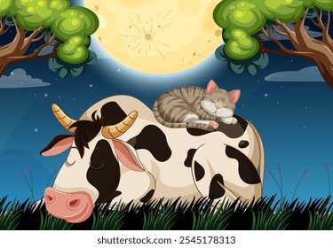 Cat and cow resting under a glowing moon