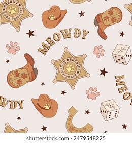 Cat cowboy accessories vector seamless pattern. Howdy cat background. 