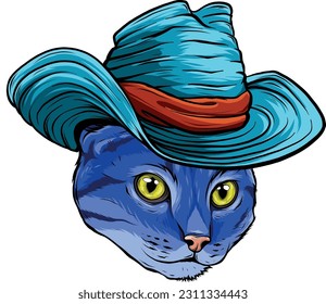 cat in cowboy hat mascot logo ,hand drawn illustration