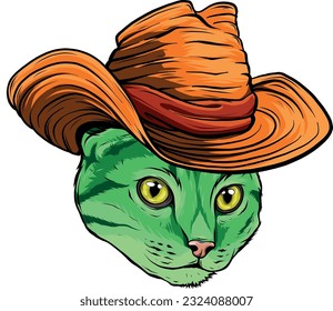 cat in cowboy hat mascot logo ,hand drawn illustration