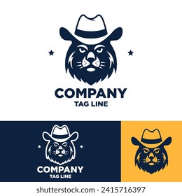 Cat With Cowboy Hat Vector Logo Design Concept. Big Cat Logo Isolated On White Background.