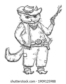 Cat cowboy holding a revolver and dressed in a hat, waistcoat, boots with spurs. Vintage vector monochrome hatching illustration isolated on white background. Hand drawn design element for t-shirt