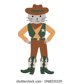 Cat Cowboy, wearing a hat, vest, boots, sheriff's badge on his chest. Cute kids character. Wild West theme. Hand drawn colored trendy Vector isolated illustration. 