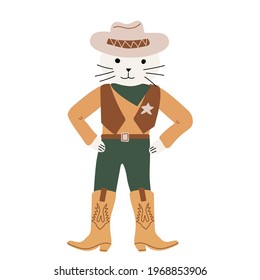 Cat Cowboy, wearing a hat, vest, boots, sheriff's badge on his chest. Cute kids character. Wild West theme. Hand drawn colored trendy Vector isolated illustration. 